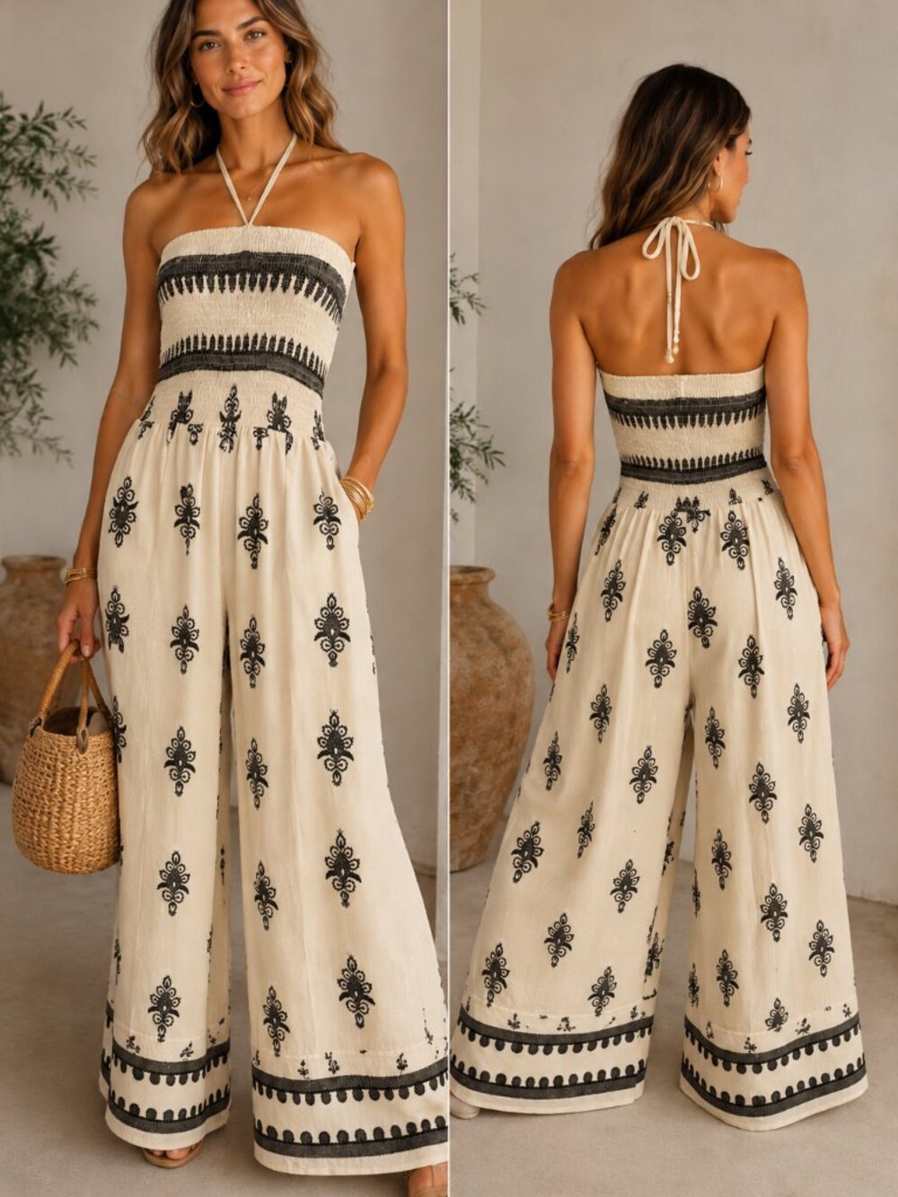 NWT! AZ Jumpsuit Strapless Elastic Top Ecru Black Design Wide Legs Side Pockets